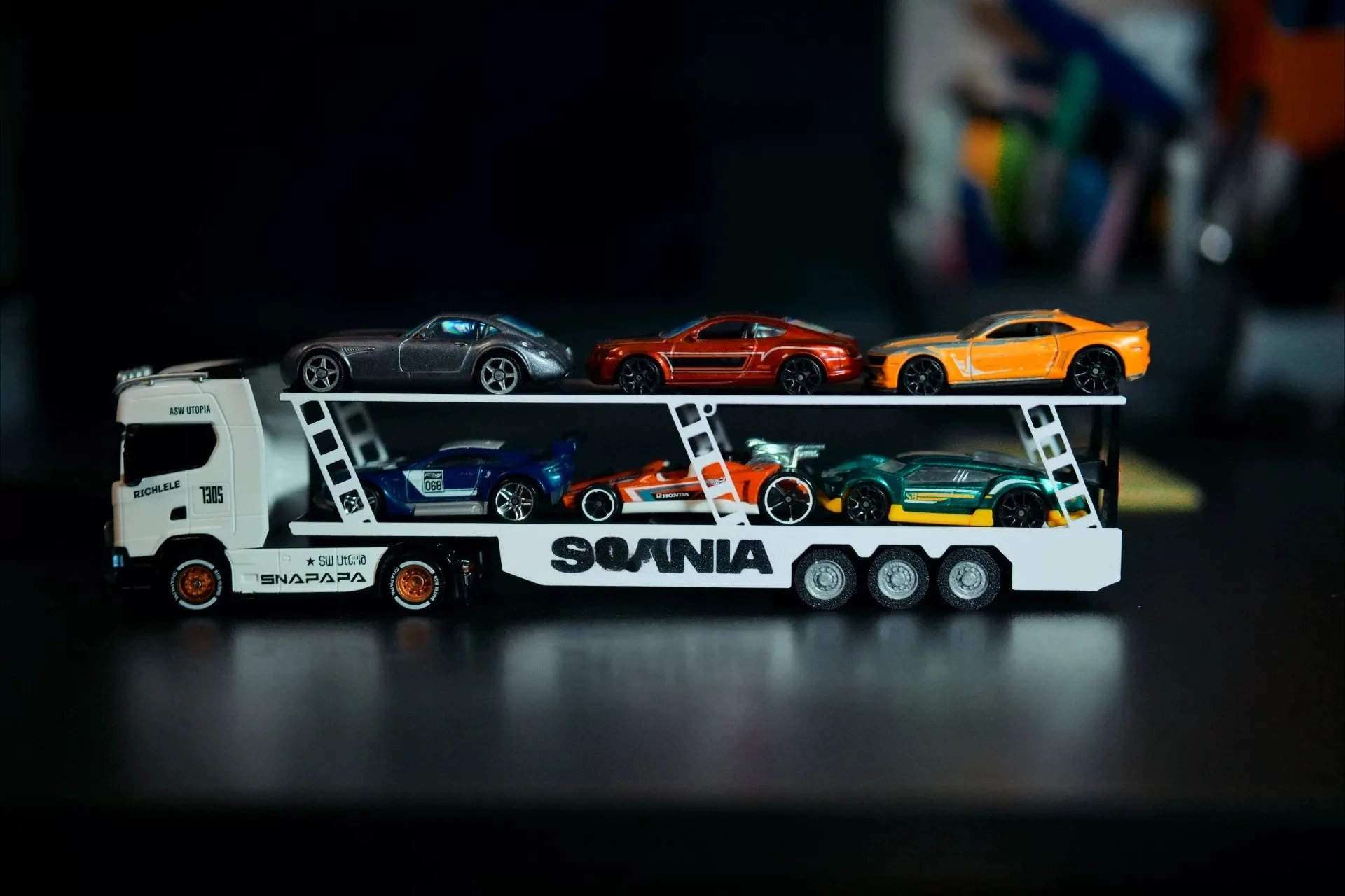 Double-Deck Car Transporter Trailer for 1/64 Wen NanFeng Scania 730S RC Truck Scale Modification Parts 3D Printed Pre-Assembled