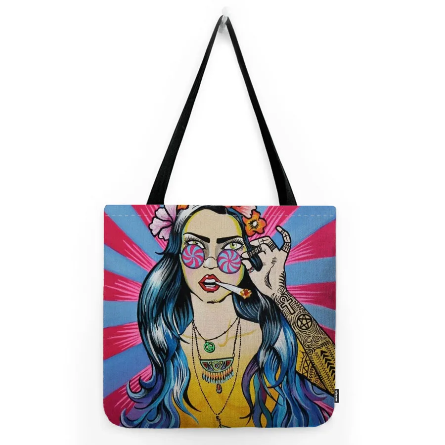 Modern POP Art Funky Punk Graffiti Print Water Resistant Cotton Linen Shoulder Grocery Carrying Bag Shopping School Tote Bag