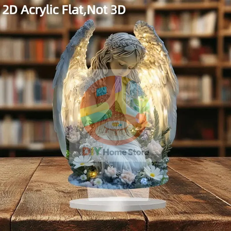 Handcrafted Acrylic Praying Angel Stand Warm LED Light Exquisite Desktop Ornament for Home Decor Memorial Gift Choice