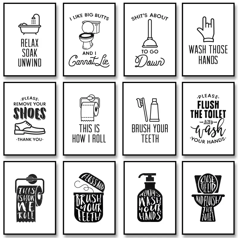 (No frame)Funny Bathroom Rules Signs Poster Toilet Humor Print Canvas Painting Wall Art Picture for Bathroom Wall Decor Home