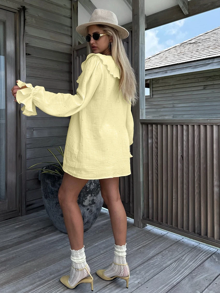 Marthaqiqi Cotton Ladies Nightgown Set Sexy V-Neck Nightwear Long Sleeve Sleepwear Shorts Causal Loose Femme Pajama 2 Piece Suit