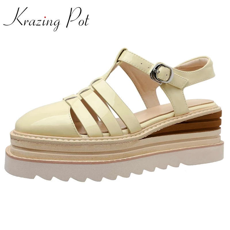 Krazing Pot New Genuine Leather Round Toe Wedges Thick Bottom Platform Summer Shoes Simple Style Solid Fashion Women Sandals L27