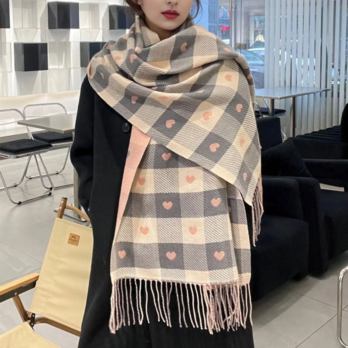 Autumn And Winter Imitation Cashmere Scarf Female Fashion Plaid Jacquard Elegant Long Scarf Short Beard Tassel Decorative Shawl