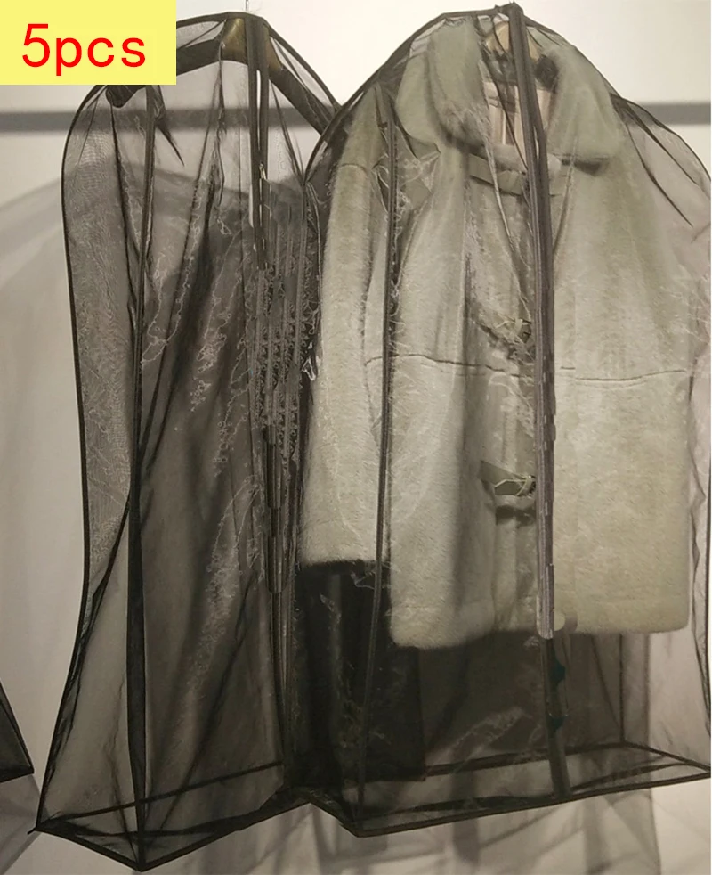 

5PCS/SET Double-sided Transparent Gauze Suit Long Dress Dust Cover with 8'' Gusseted Full-zipper Garment Bag For Closet Storage