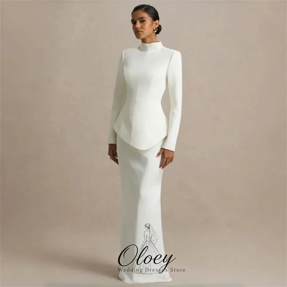 OLOEY Elegant Muslim High Neck Long Sleeves Wedding Dresses For Woman Two Piece Straight Bridal Gown Customized فساتين زفاف