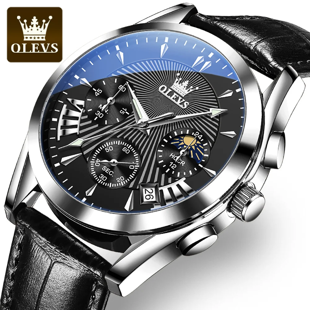 OLEVS 2876 Original Men's Watches Sport Chronograph Quartz Male Watch Waterproof Leather Strap Luminous Wristwatch 24 hour dial