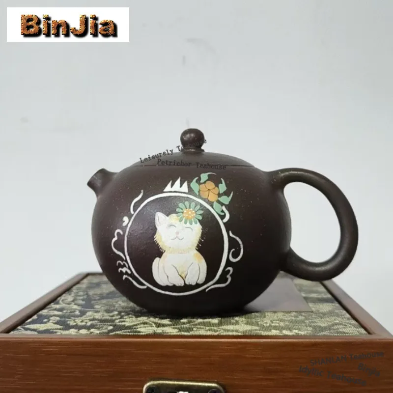 

200ml Traditional Yixing Purple Clay Teapots Handmade Cat Xishi Pot Raw Ore Black Golden Mud Kettle Chinese Zisha Tea Set Gift