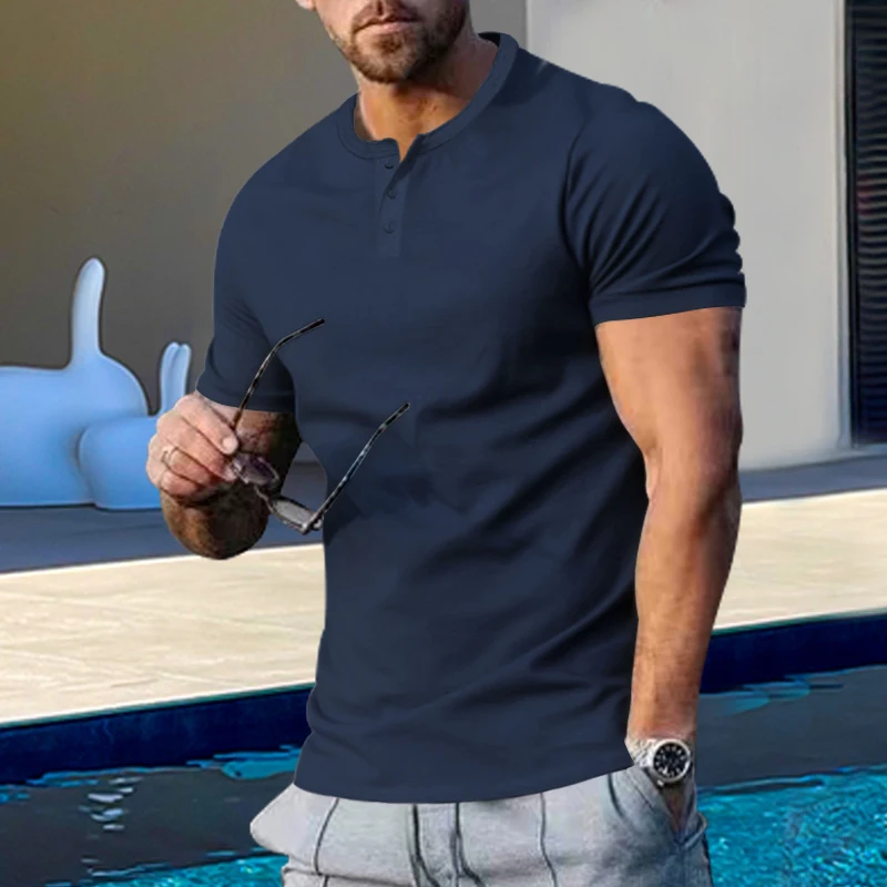 Sommer Neuer Trend Herren Buttondown Henry Rundhals Kurzarm Herren Slim Solid Color T-Shirt – Detail 5