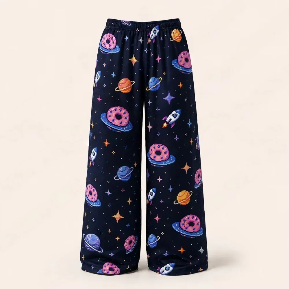 2627 New Pixel Rainbow Cat Printed Soft Casual Sleeper Pants with Galaxy Pattern Loose and Comfortable Pants