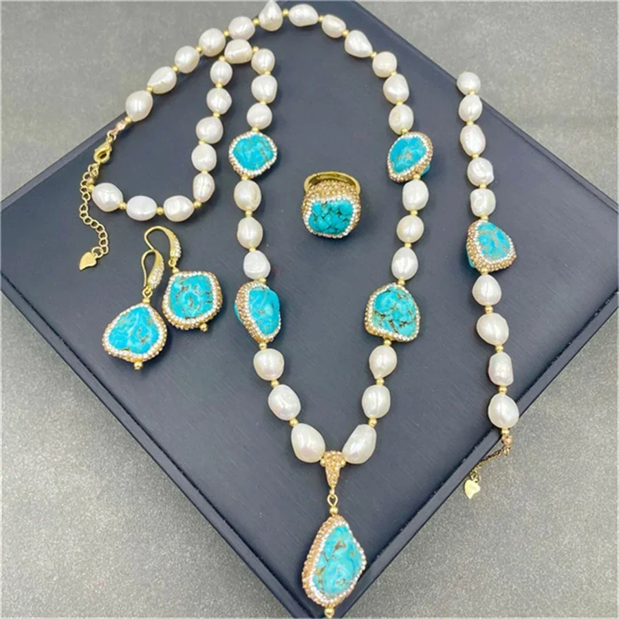 

Turkish Natural IrregularTurquoise Jewelry Women Baroque Freshwater Pearl Crystal Necklace Ring Earring Set Party Wedding Acces