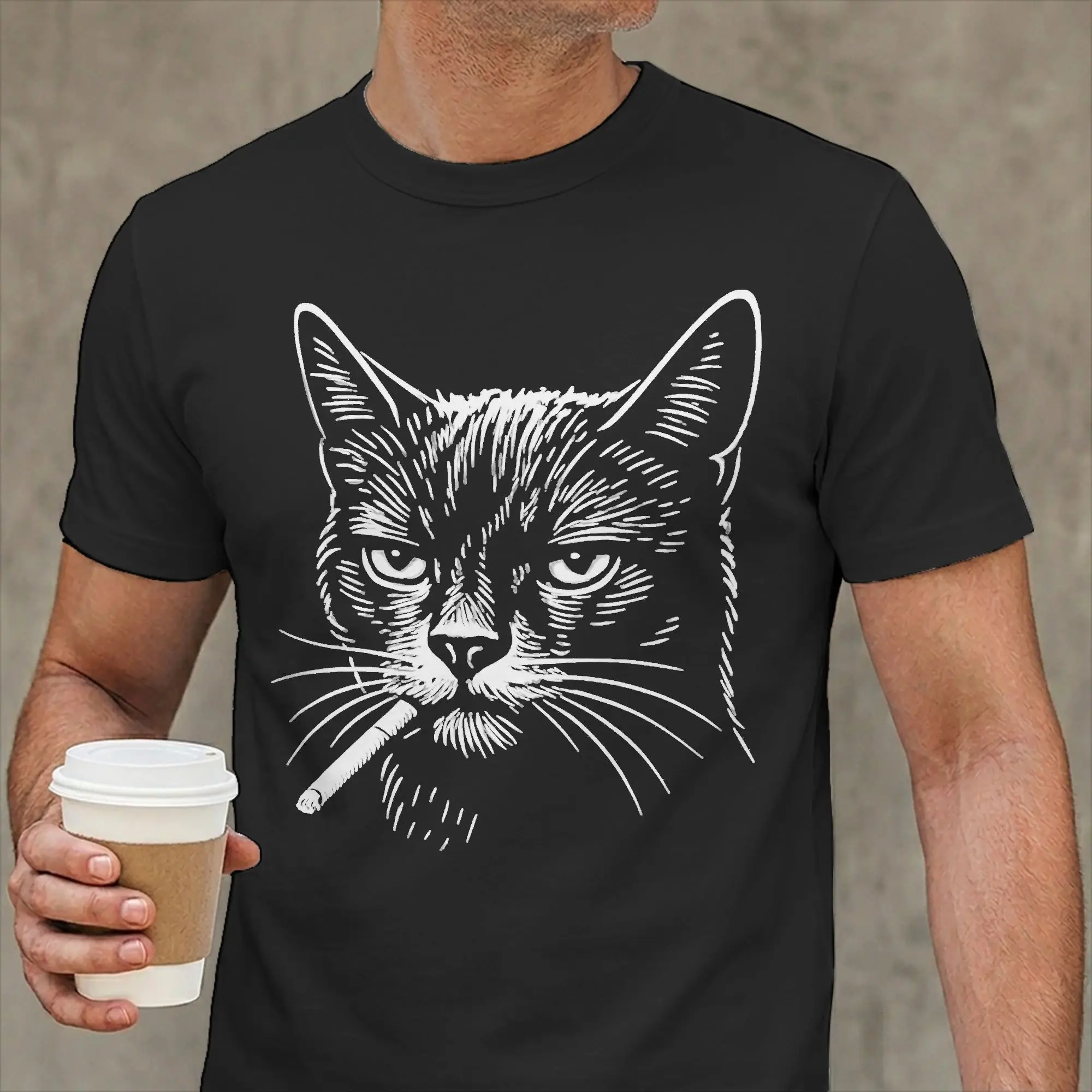 Men Smoking Cat Illustration Edgy Feline T Shirt  Pure Cotton Tops Novelty Short Sleeve O Neck Tees Adult T-Shirt