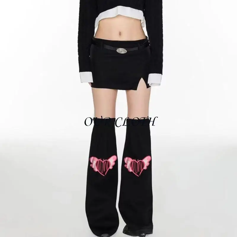 Women Punk Heart Wing Print Flared Long Leg Sleeves Socks Over Knee Black Denims Leg Warmers Harajuku Boot Covers Y1AC