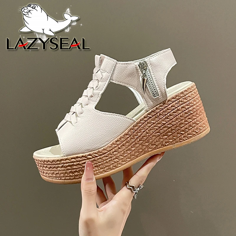 

LazySea Wedge Heel Cross Tied Sandals Peep Toe Women Platform Slides Side Zip Summer Beach Shoes Sandalias Flip Flop Big Size 43