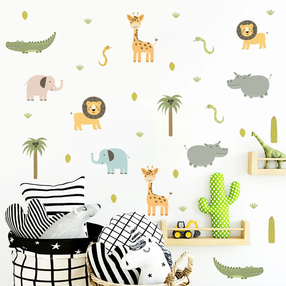 Watercolor Cute Cartoon safari Animals Hippo Elephant Nursery Wall Stickers for Kids Room Bedroom Decor Wall Decals Wallpaper