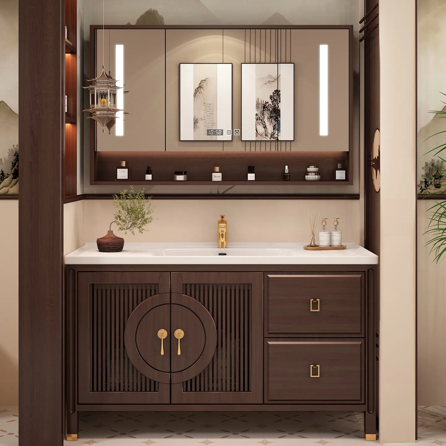 Oak floor-to-ceiling bathroom cabinet combination, solid wood bathroom washstand, integrated ceramic basin mirror cabinet
