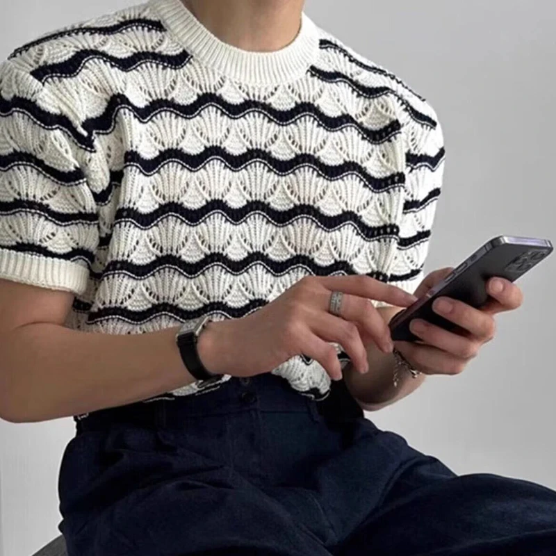 Herren Strick-T-Shirts Sommer Gestreiftes Ausgehöhltes Jacquard Kurzarm-Rundhals-Shirt Lässige T-Shirts Y2K Vintage Streetwear Oberteile – Detail 5