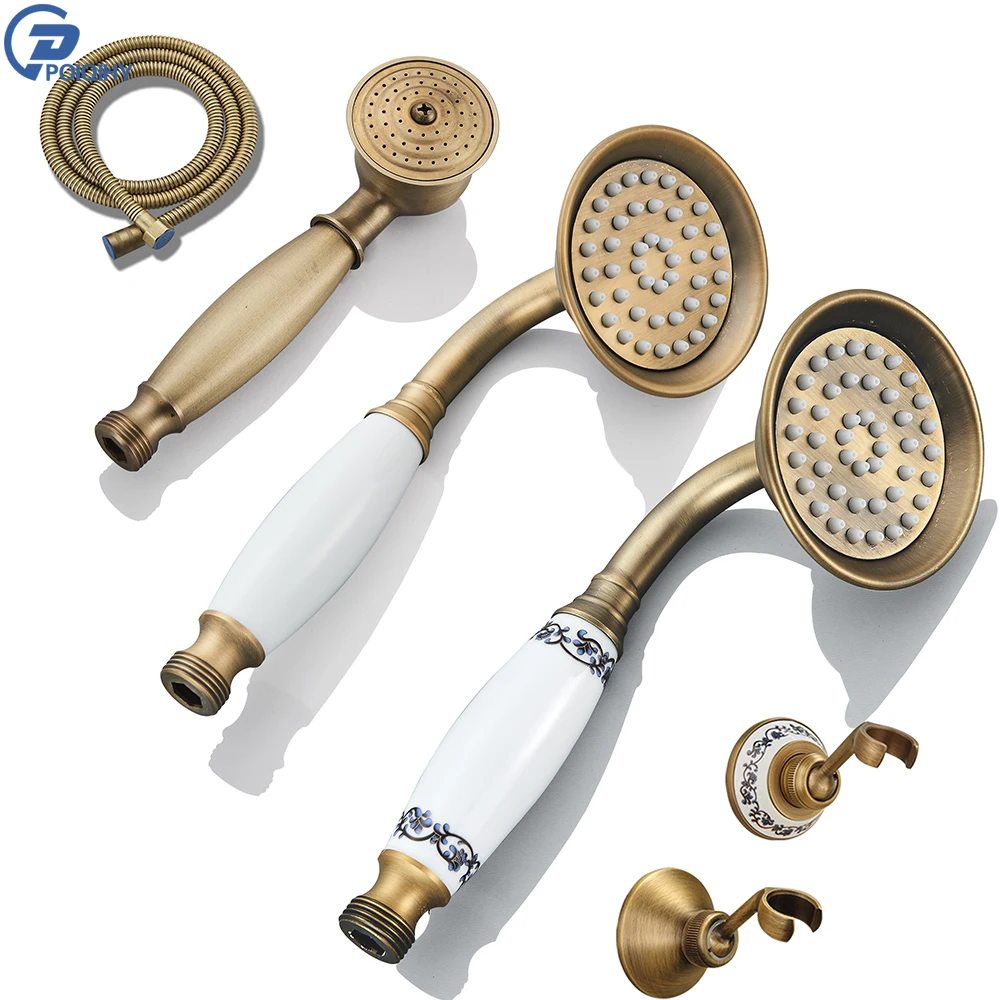 

Antique Brass Handshower Ceramic Handheld Head Brass Bracket 150cm Shower Hose Faucet Accessory for Bathroom