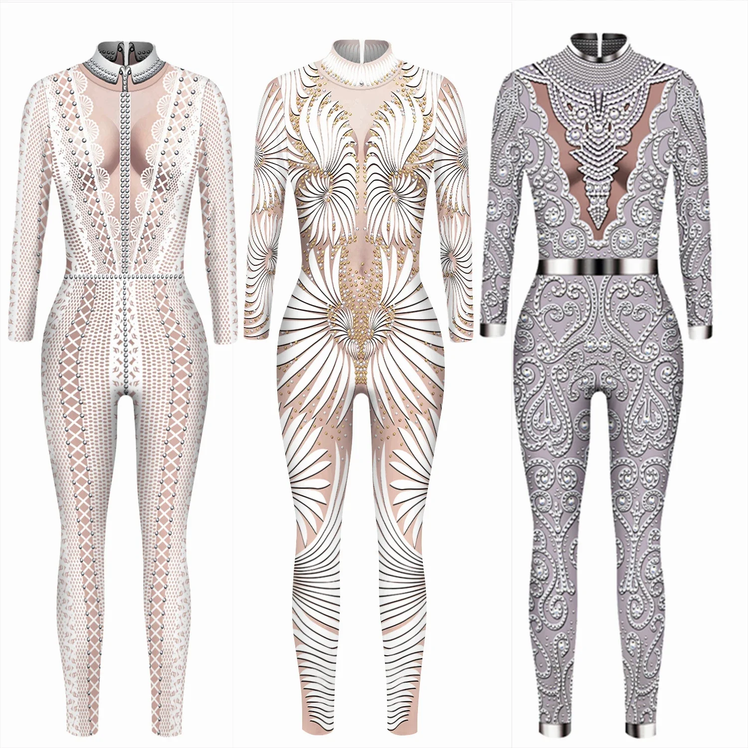 Zentai Women Sexy Lace Slim Tight Jumpsuit Cosplay Costume Halloween Party 3D Printing Catsuit Bodysuit Fancy Clothing