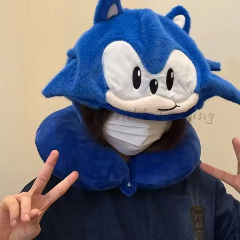 

Плюшевая подушка Sonic для сна с защитой шеи, синий ежик, из пены с эффектом памяти, с капюшоном, дорожная U-образная подушка для самолета