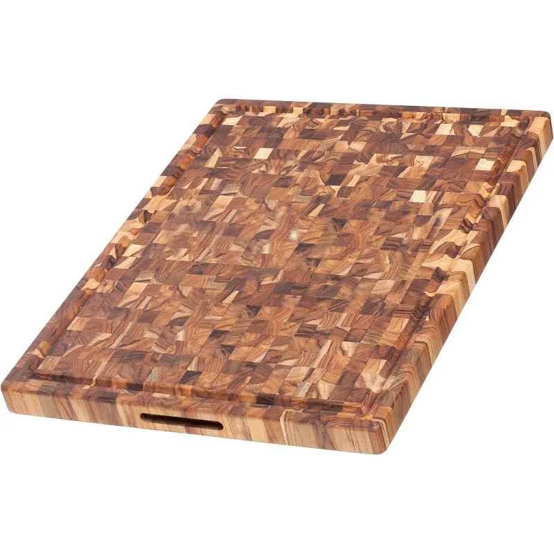 

Butcher Block Carving Board - Large Reversible Wooden Cutting Board with Juice Groove and Grip Handles - Teak End Grain Wood