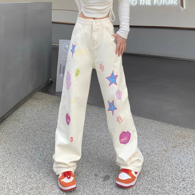 

White Jeans Women Printing High Waist American Wide Leg Pants Y2K Style Fashion Streetwear Female Pants Autumn Straight Trousers