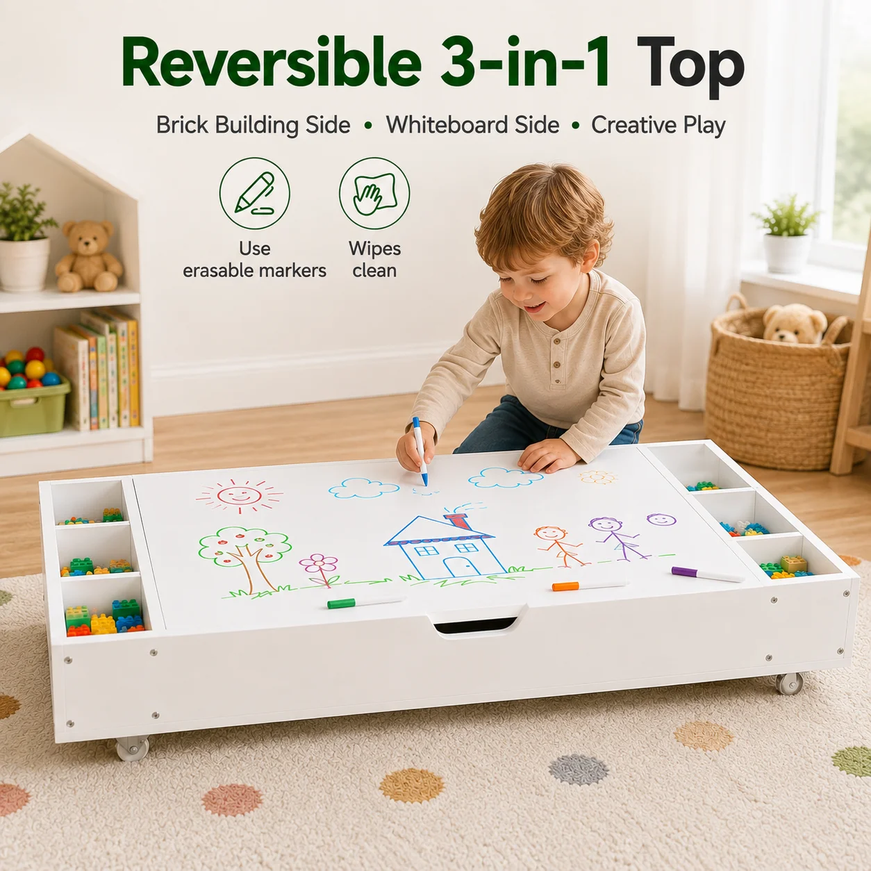Kids Building Block Table with Toy Storage Rolling Activity Play Table Reversible Top Removable Dividers Under Bed Organizer
