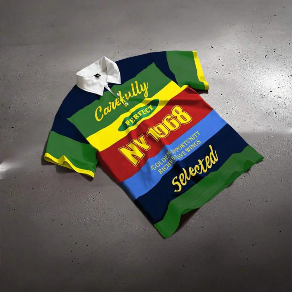 

American Vintage Style POLO Shirt Colorful Striped Letter 3D Printed Tops Men And Women Fashion Casual Classic Lapel Streetwear