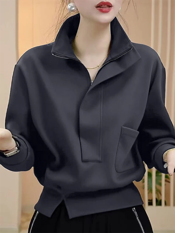 

Sli Stand Collar f Zip Long Sve Hoodie Women's Autumn Winter Loose Fit Slimming ort Top Korean Sle Cotton Sweat...