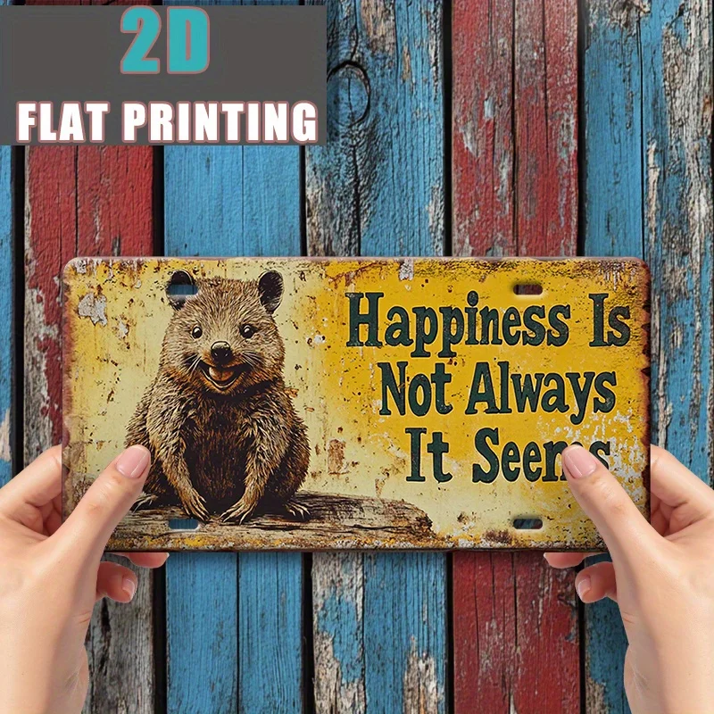2D Flat, 1pc Short-Tailed Kangaroo Happiness Motto Vintage Aluminum License Plate, Sign, Display Stand, Warm Style