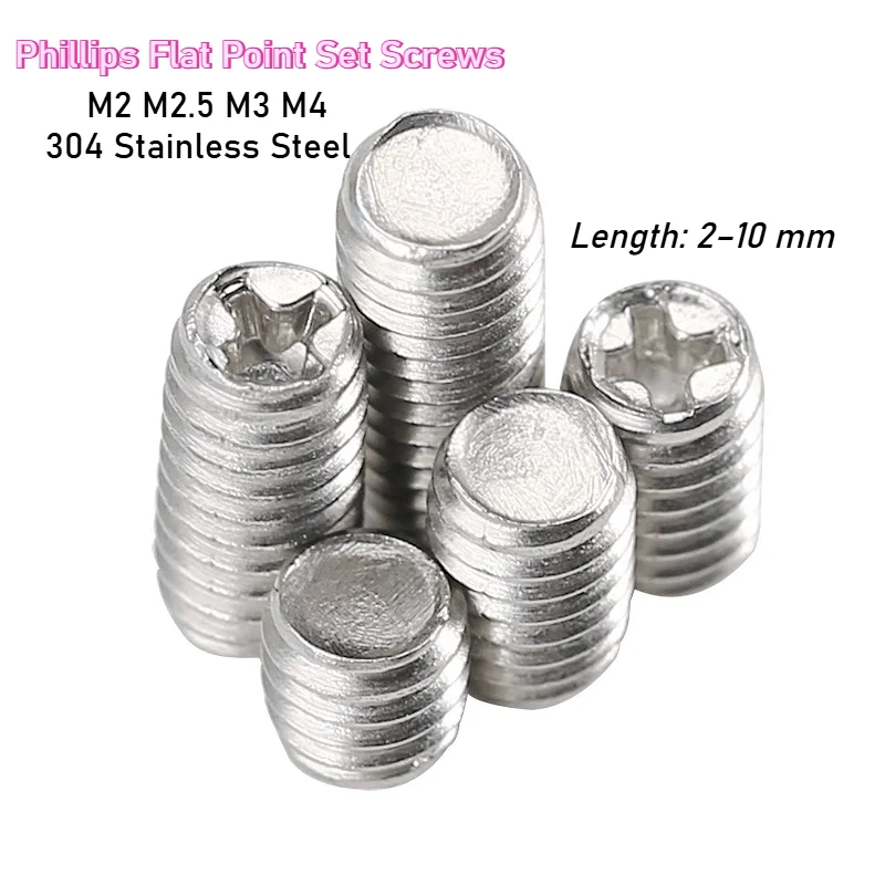 20/30pcs M2 M2.5 M3 M4 304 Stainless Steel Phillips Flat Point Set Screws Headless Cross Set Grub Screw High Quality