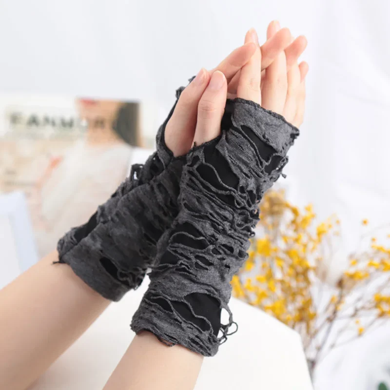 1Pair Broken Slit Gloves Punk Gothic Black Fingerless Unisex Hole Ninja Mittens Women Men Ripped Holes Decor Cosplay Long Gloves