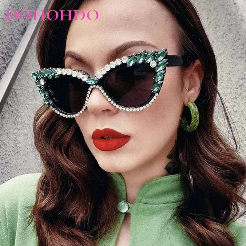 

DOHOHDO New Personality Fashion Cat Eye Colorful Big Diamond Glasses Droplet Shaped Sunglasses Cat Eye Diamond Sun Glasses UV400