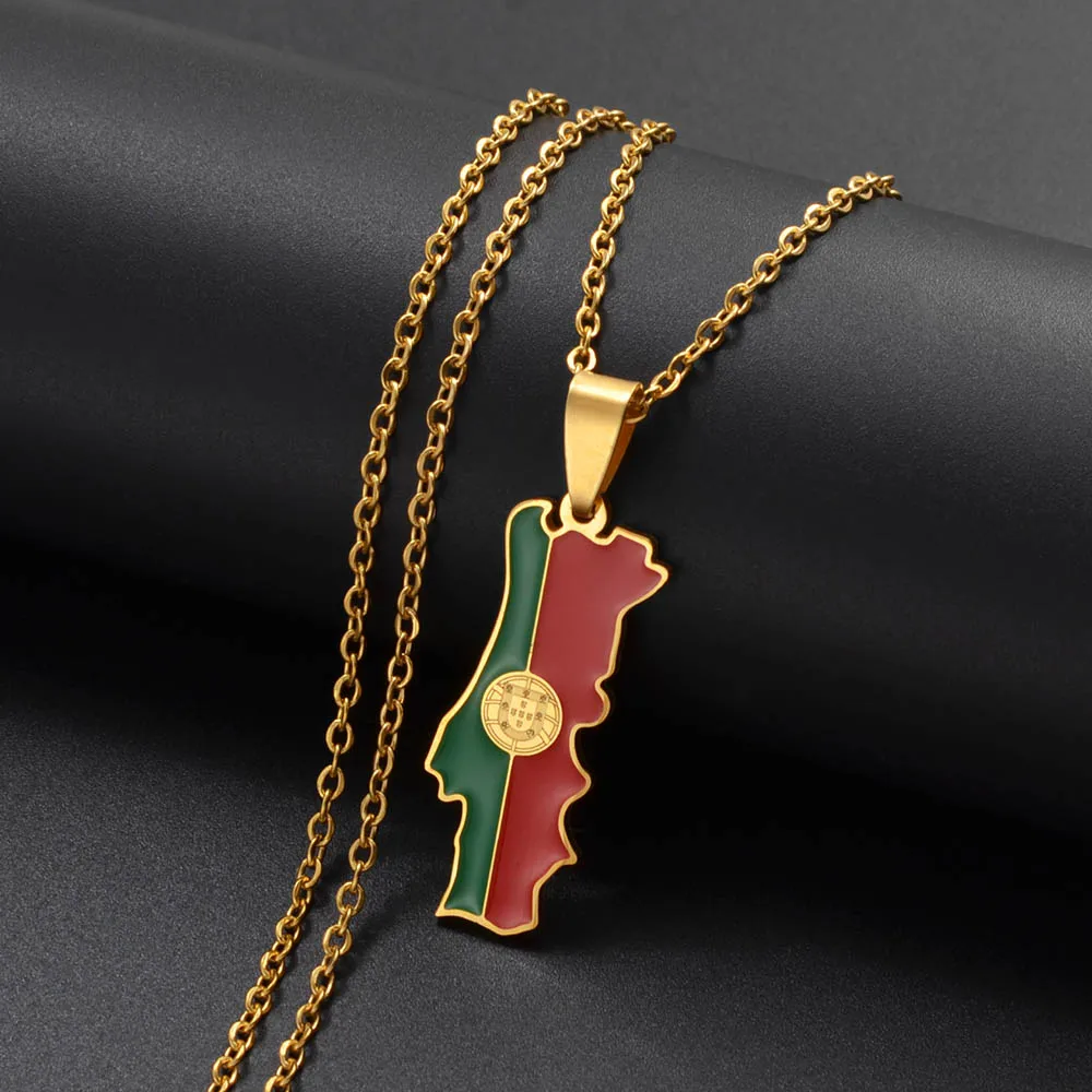 Anniyo Portugal Map Flag Pendant Necklaces for Women Girls Jewelry Portuguese Charms Maps @326921