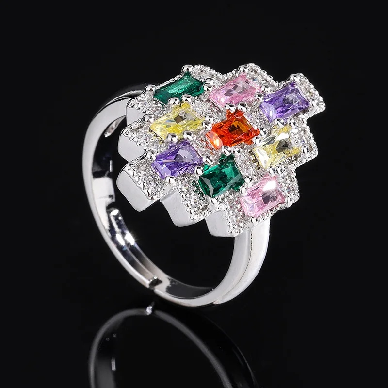 

European and American Fashion Colorful Zircon Snow Lotus Ring Design Sense Seven-Color Ice Flower Colorful Gemstone Ring Colorfu
