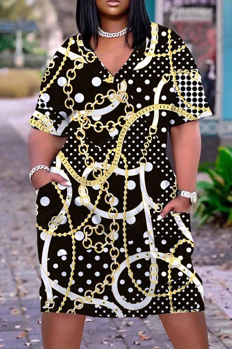 

Летнее платье с золотистой цепочкой, Элегантные повседневные платья оверсайз в африканском стиле, женское вечернее платье с V-образным вырезом, средней длины, сарафан в европейском и американском стиле