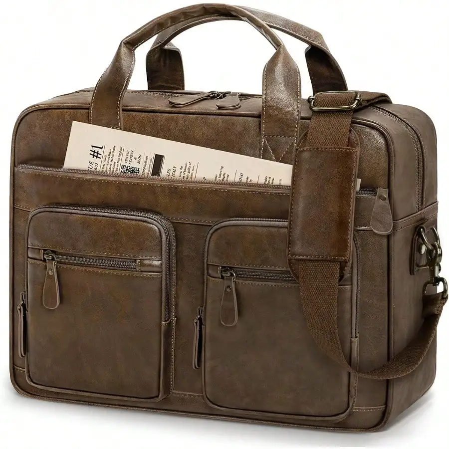 

Vintage Messenger Bag For Men PU Vegan Leather Computer Laptop Bag 15.6 Inch Waterproof Briefcases For Men Retro Mens Briefcase Satchel Bag For Work Office Business Travel Brown