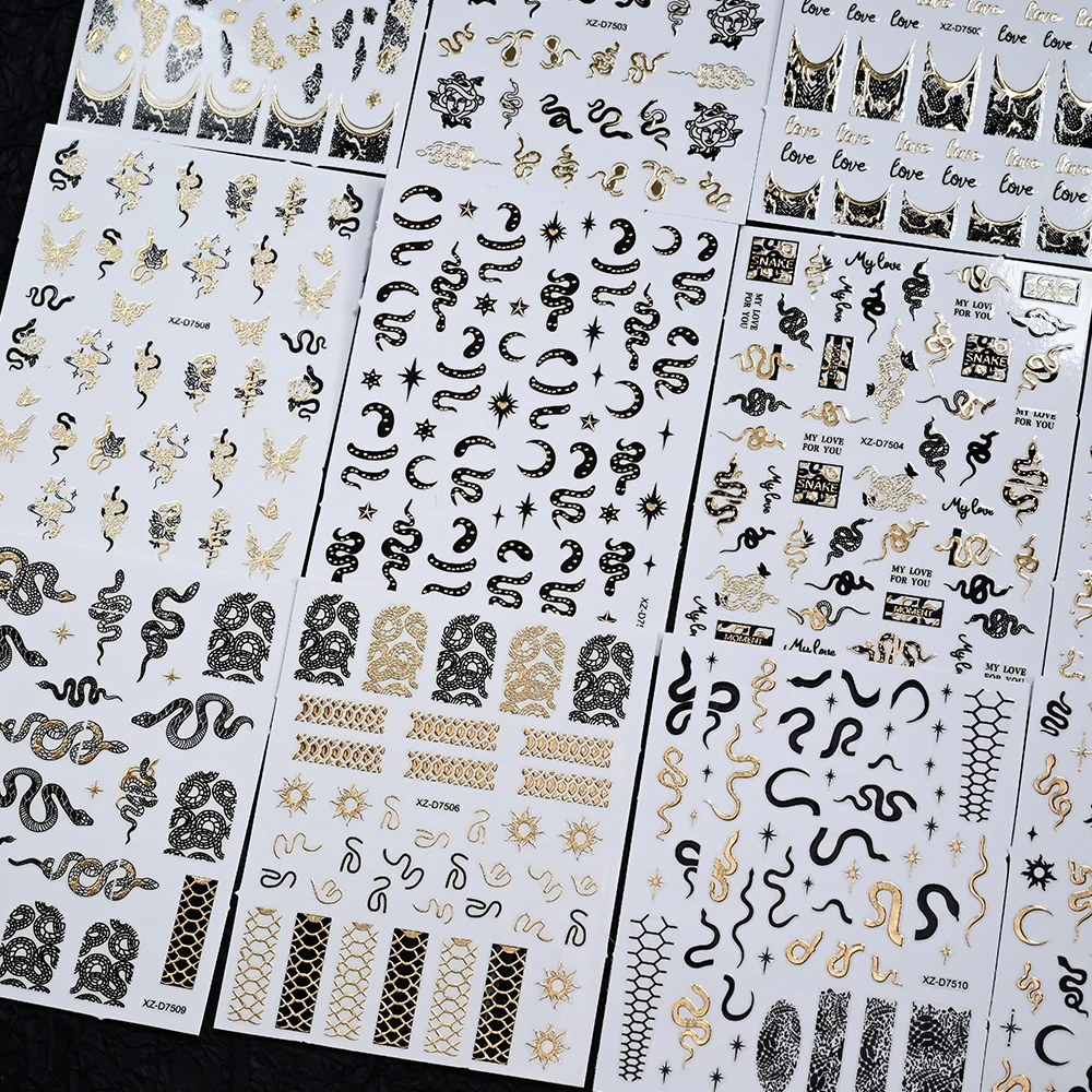 12Pcs 3D Bronzing Snake Sun Star Nail Stickers Gothic Snake Print Self-adhesive Nail Decals Punk Style Snakes Manicure Sliders &