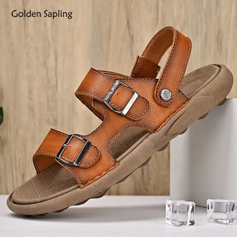 Golden Sapling Summer Sandal Fashion Beach Shoes Genuine Leather Men's Sandals Buckle Designer Casual Sandalias Men Leisure Flat