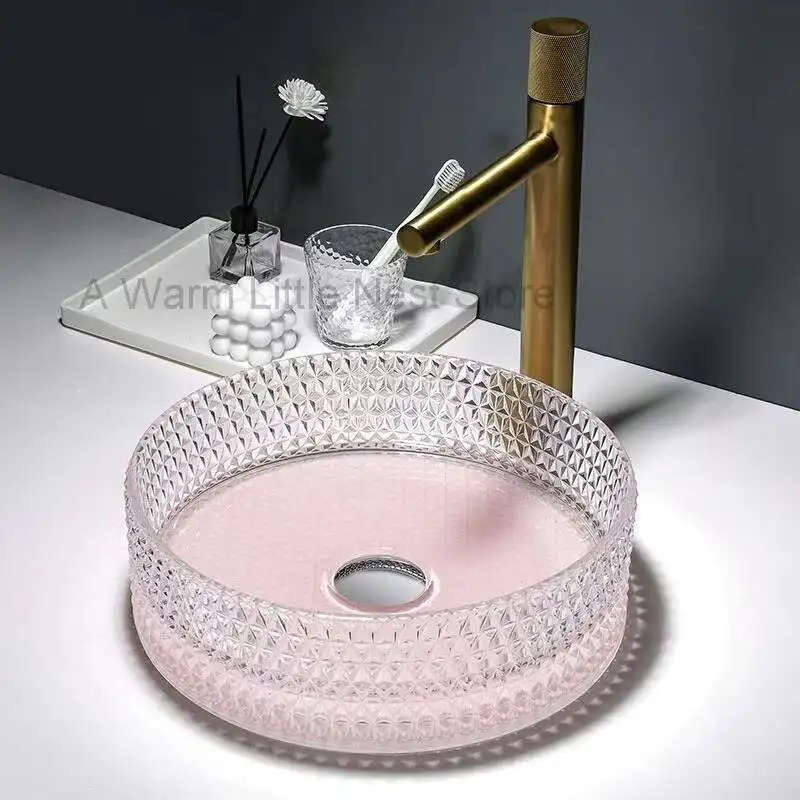 

Round Bathroom Sinks Tempered Glass Counter Basin Washing Sinks Light Luxury High-end Hotel Apartment Homestay Home Art Basin Q
