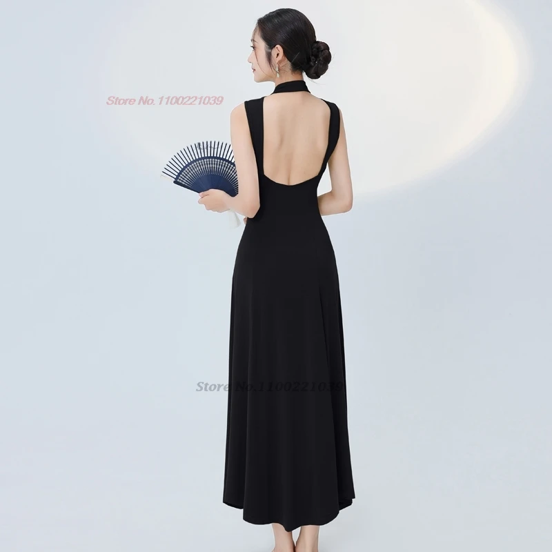 2025 중국 빈티지 댄스 치파오 전통 무대 댄스 치파오 민소매 치파오 댄서 훈련 연습복