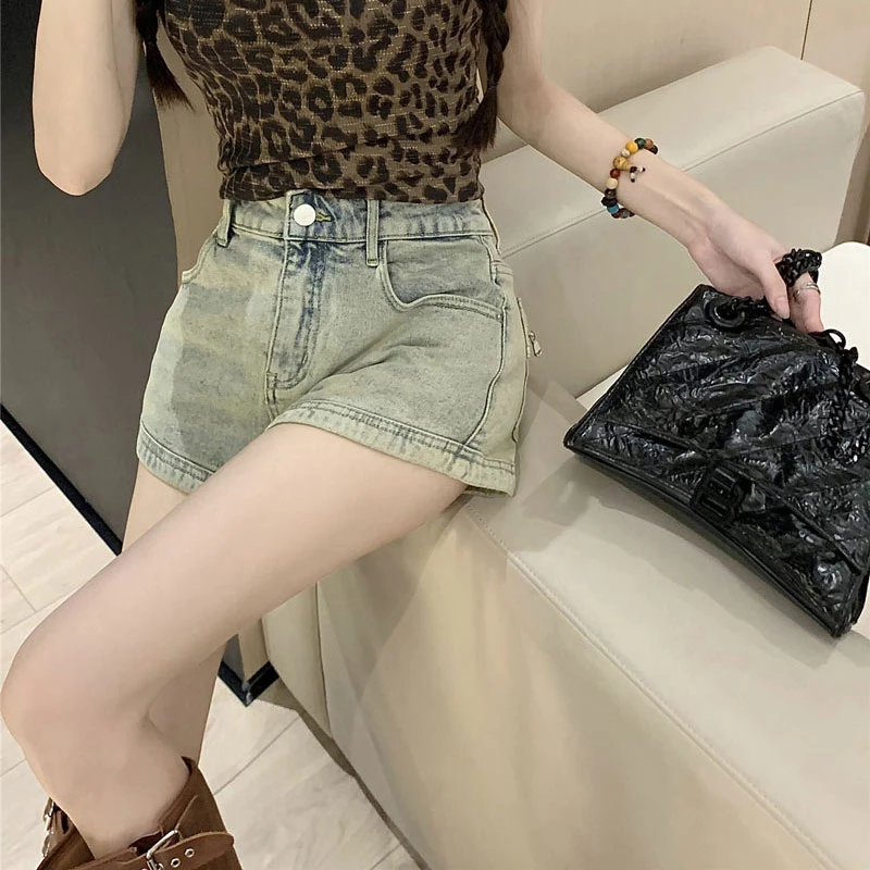 American Spice Girls Denim Shorts Women Design Pockets High Waist Stretch Slim Zipper Straight a-line Super Short Hot Pants