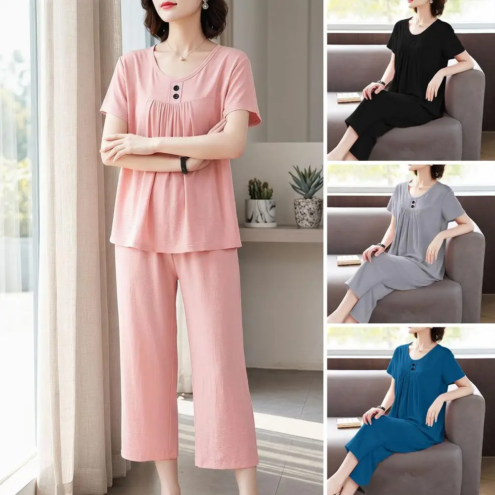 

Solid Color Women's Pajamas Set Short Sleeve O Neck T-Shirt+Trousers 2 Pieces Suit Sleepwear Soft Loose Pijama Female Loungewear