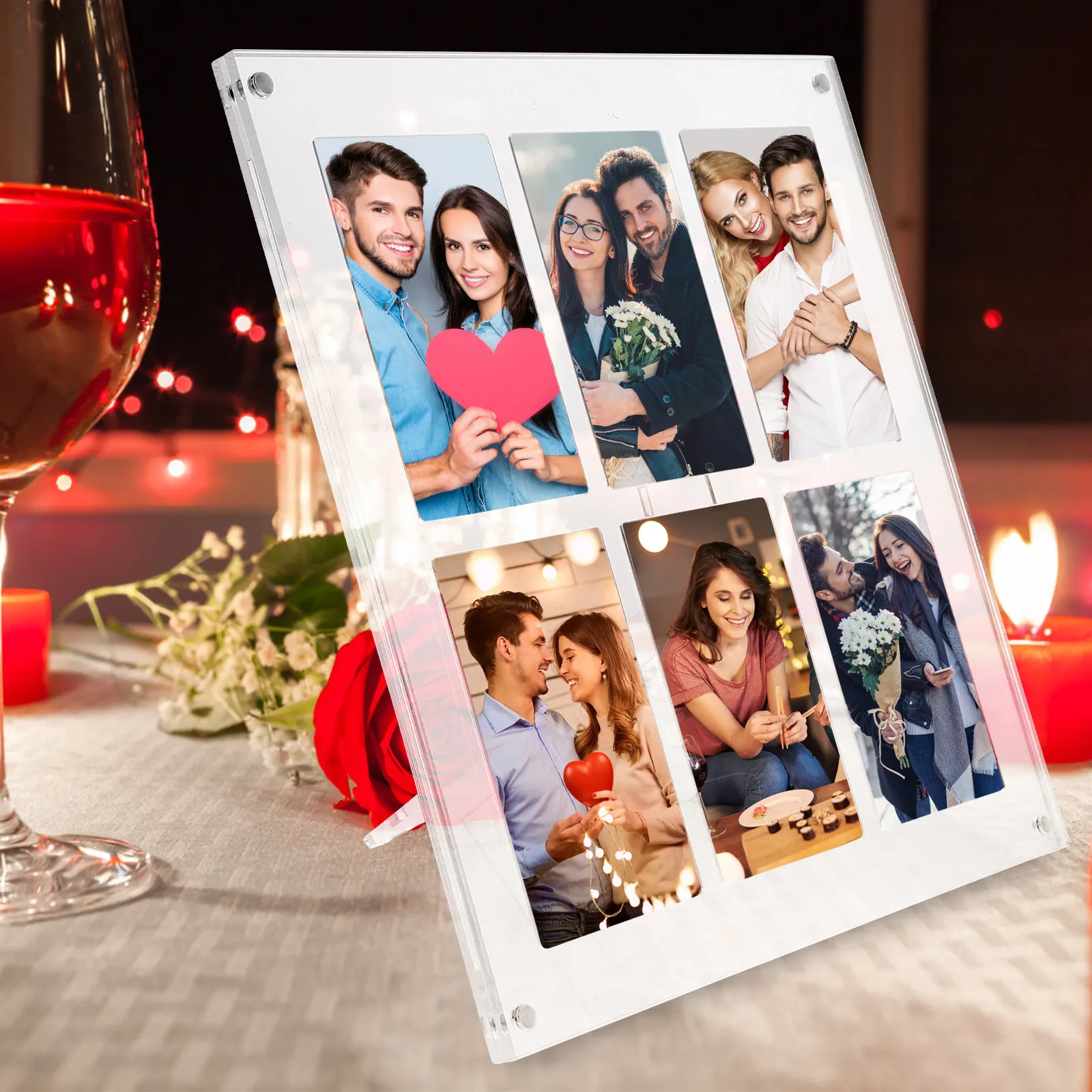 Acrylic 6 Grid Picture Frame Clear 3 Inch Desktop Photo Display Stand Stable Rounded Corner for Home Office Wedding Gift Decor