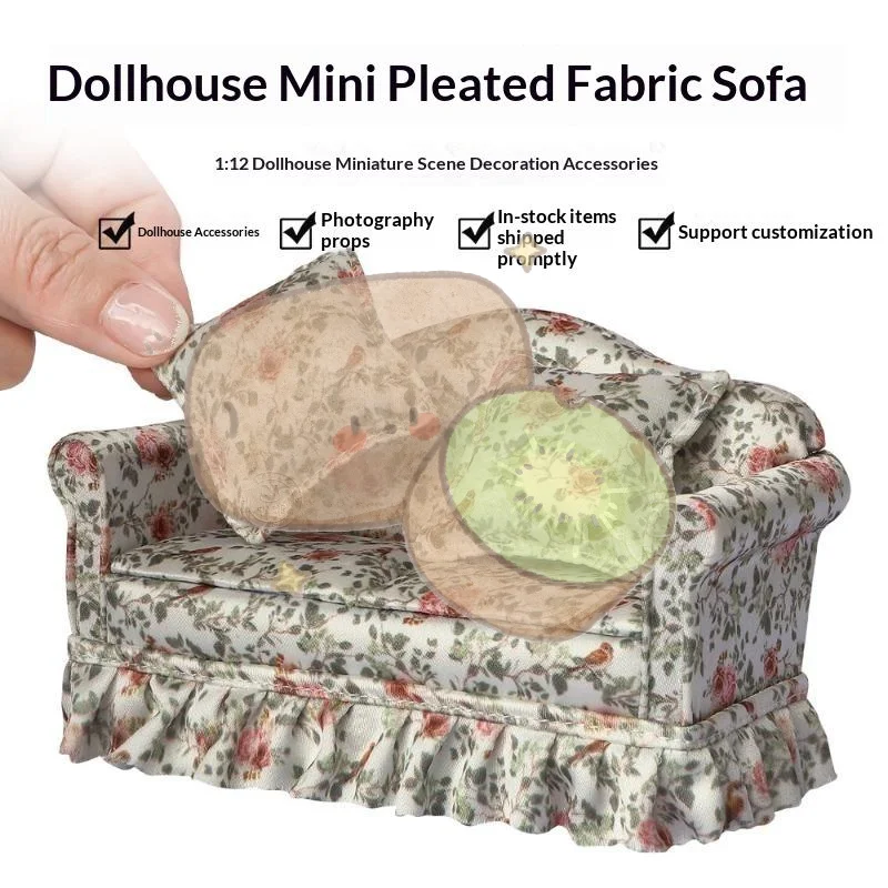 1Set Shelf Display Miniature Sofa 1:12 Scale Patterned Fabric Couch With Pleated Trim For Mini Room Photo Prop Styling