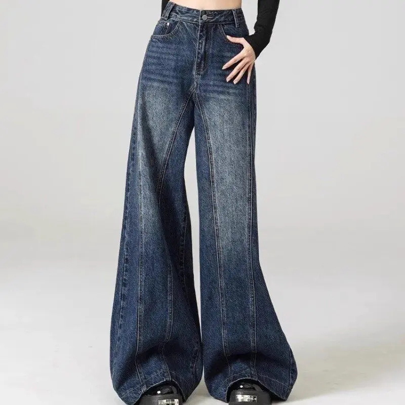 

Синие широкие джинсы в стиле ретро, женские осенние 2024, новые художественные и модные свободные брюки прямого кроя длиной до пола