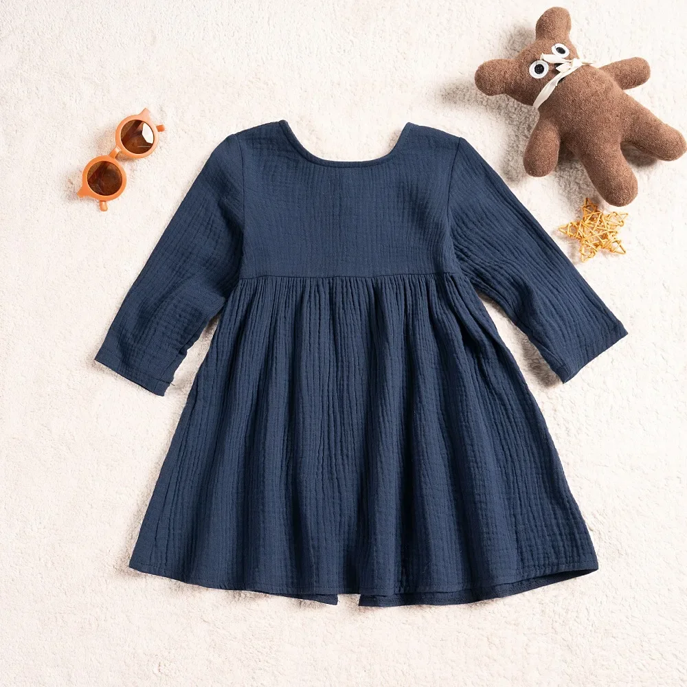 Autumn Cotton Dresses Baby Girl Long-sleeved Casual Dress Solid Color Fashion Simple Girl Sweet Children\'s Clothing