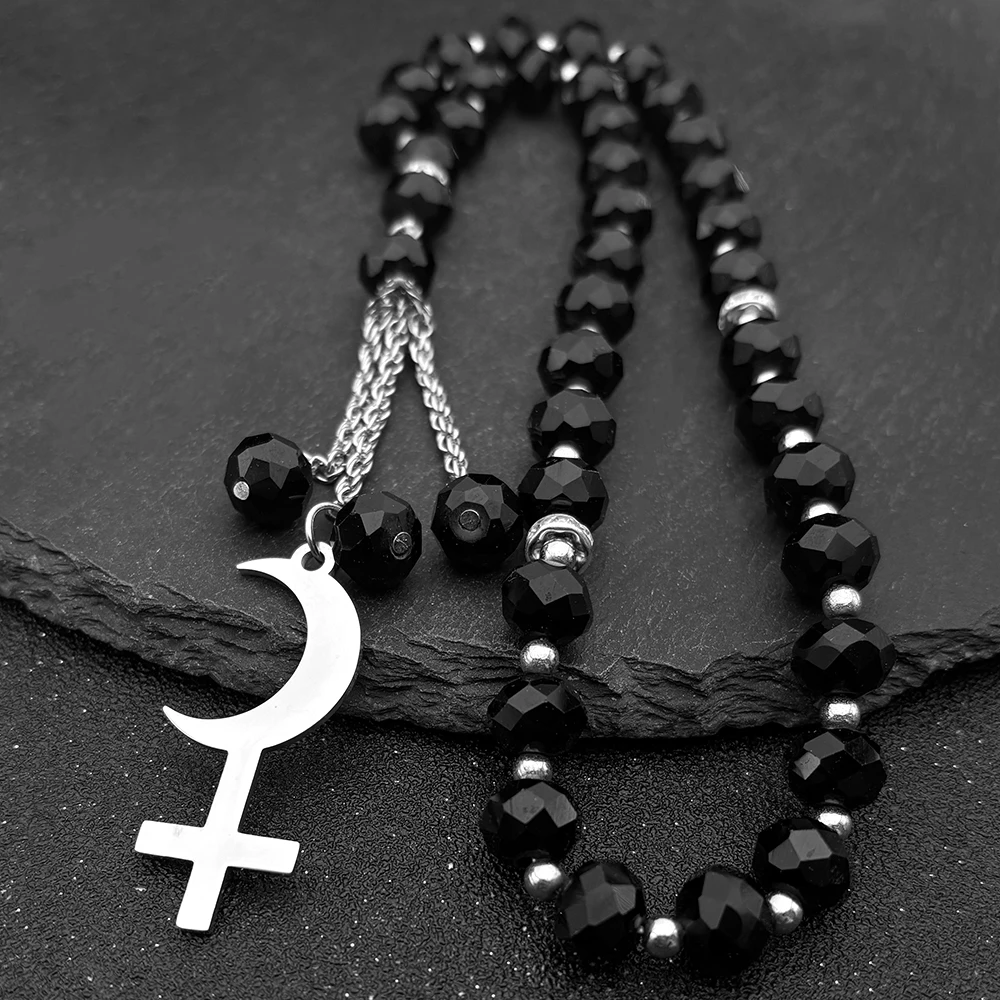 ليليث الهلال مقلوب الصليب سيارة قلادة للنساء الرجال الفولاذ المقاوم للصدأ فضي اللون رمز فلكي علامة الشيطان المجوهرات