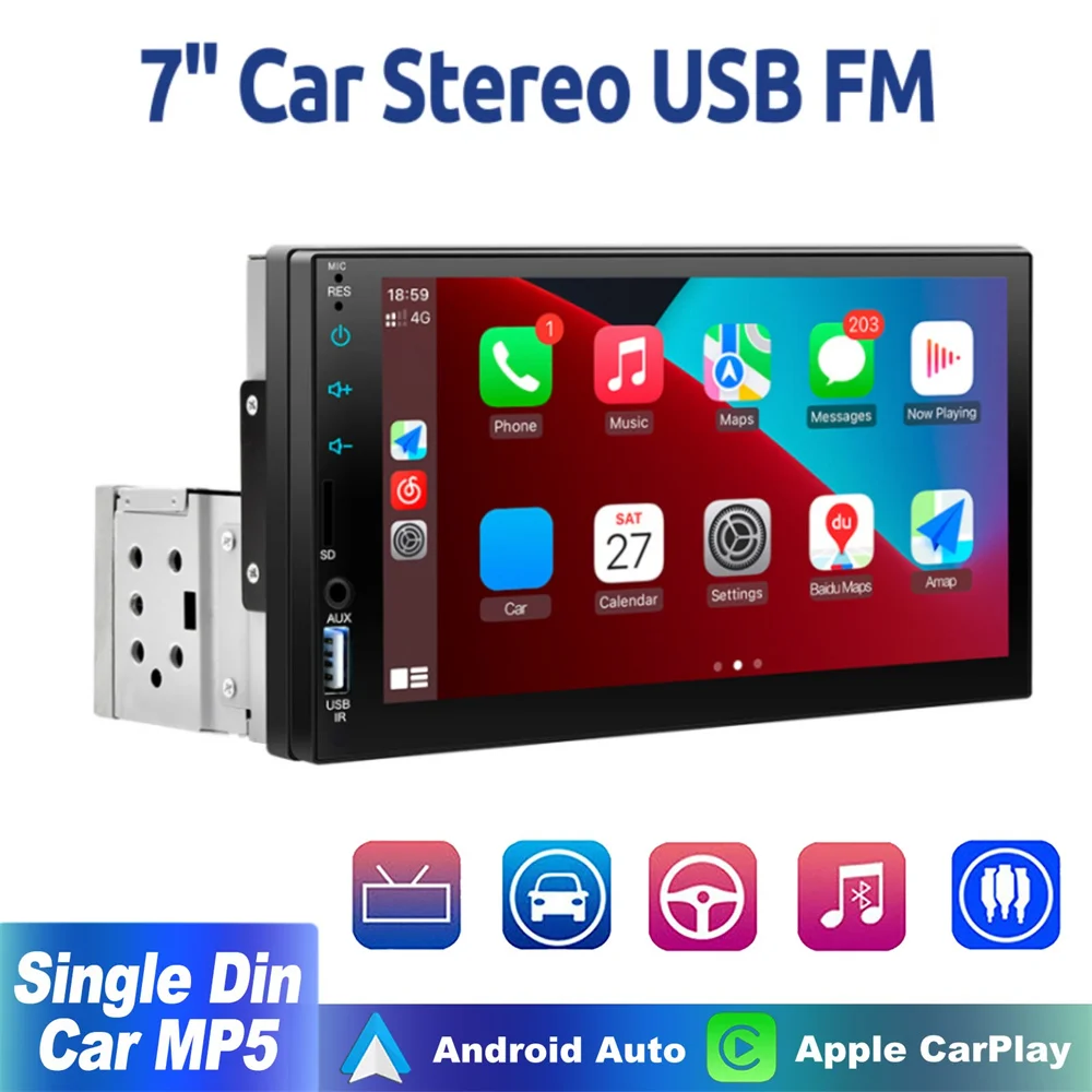 

7“ Car Radio 1 Din Carplay Android Auto Multimedia Player HD Touch Screen FM AUX Input Bluetooth MirrorLink Universal Autoradio