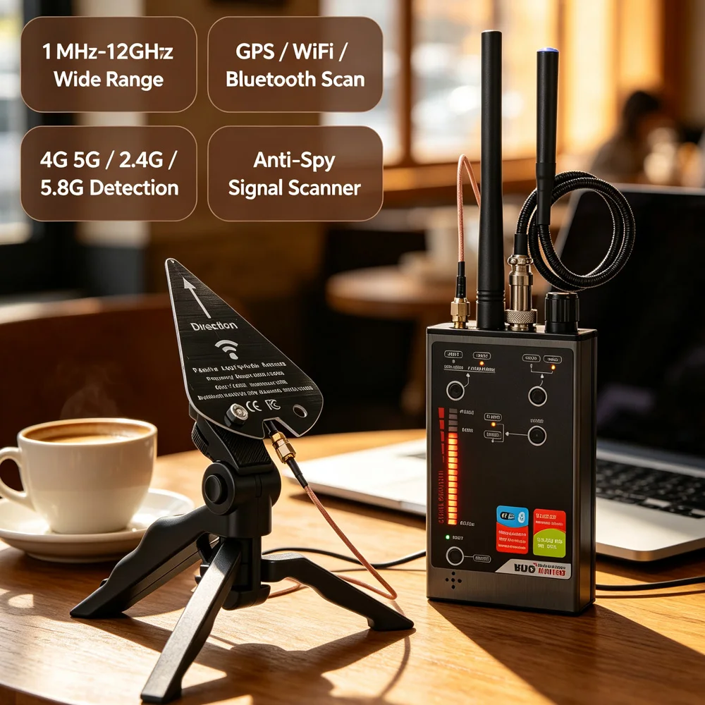 RF Signal Detector with VDF07 Directional Antenna 1MHz‑12GHz Bug Finder GPS Tracker WiFi Bluetooth 4G 5G Hidden Device Scanner