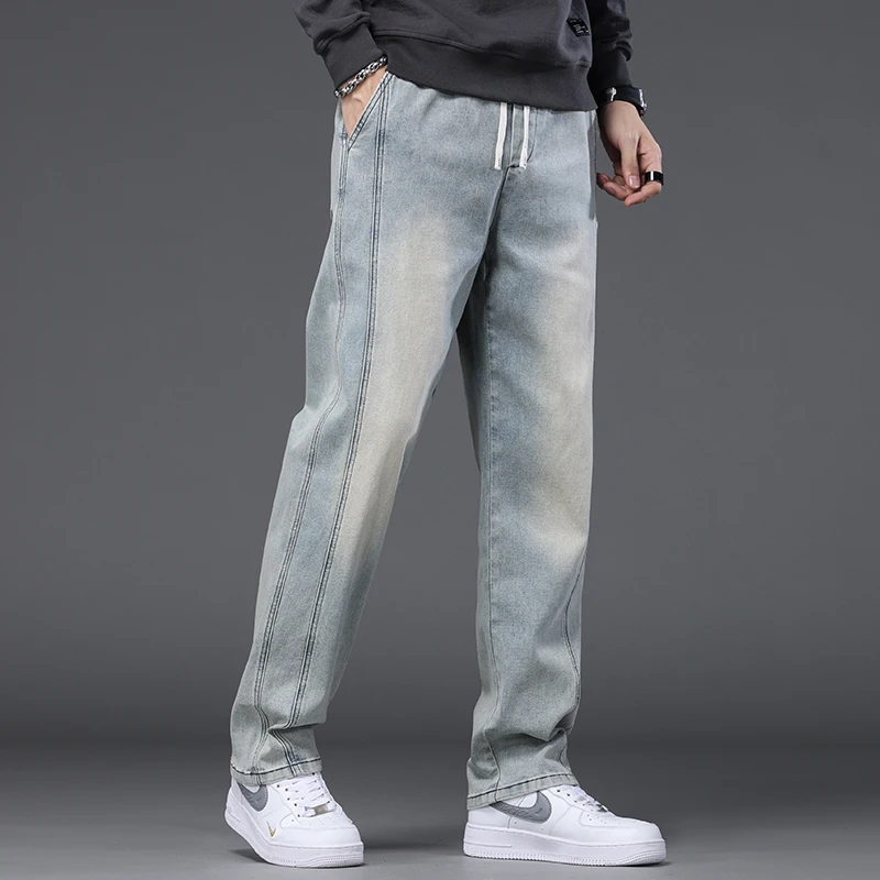 Autumn Winter Blue Jeans Men Drawstring Elastic Waist Cotton Cargo Denim Pants Work Fashion Thick Trousers Male Plus Size M-4XL